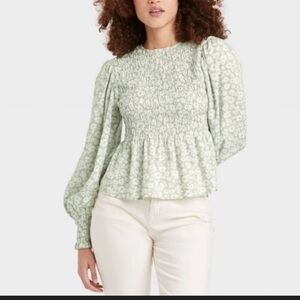 A New Day Light Green Floral Peplum Blouse
